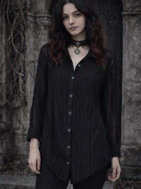 Zara Black Sheer Pleated Blouse Whimsigoth Gothic Minimal Button Up Shirt Medium